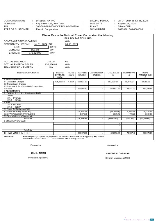 Download Philippines Tawelco business utility bill Word and PDF template Photoshop template